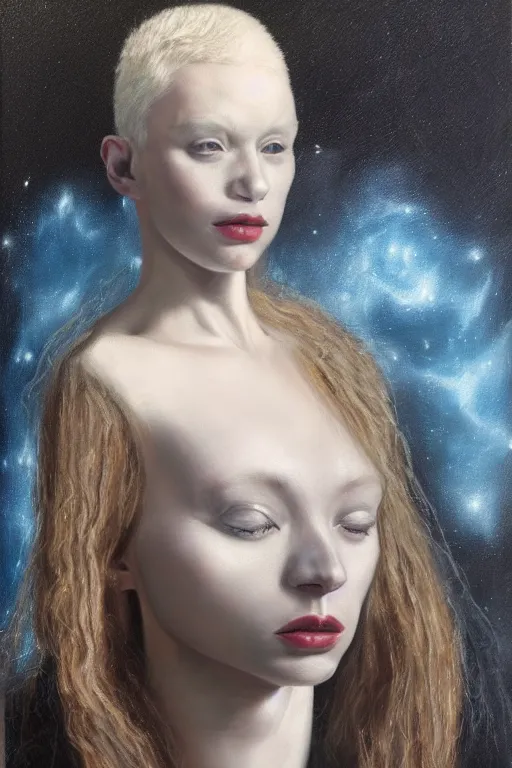 Image similar to hyperrealism oil painting, close - up portrait of albino medieval fashion model, black silk, steel gradient mixed with nebula sky, in style of baroque