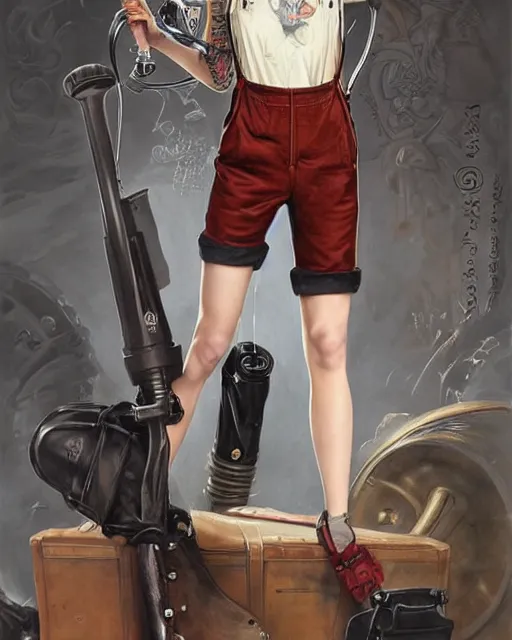 Prompt: a full body portrait beautiful androgynous punk girl with short hair and beautiful eyes, beautiful face, who is a mechanic wearing overalls carrying a tool bag, digital concept art, detailed digital painting, ornate decorative background, very aesthetic!!!!!!, by j. c. leyendecker and edward blair leighton and charlie bowater, trending on artstation