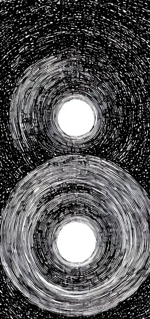 Image similar to A black hole with event horizon in the center with space around it, high detail, Junji Ito