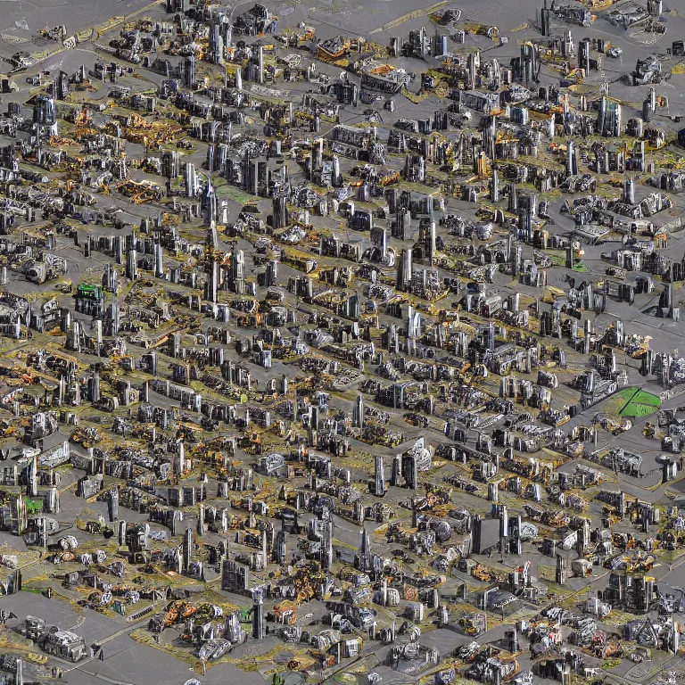 Prompt: Satellite image of Warhammer 40K city