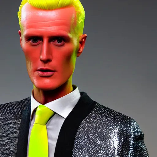 Prompt: a hyperrealistic 3 d render of max headroom 2 0 2 2 on a vintage tv, octane render, unreal engine, 8 k, trending on cgsociety, volumetric lighting, dramatic lighting, lasers, neon