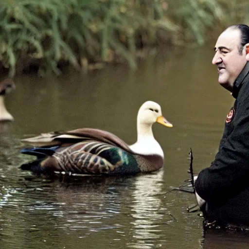 Prompt: screenshot of tony soprano living happily in a big house with mallards and geese