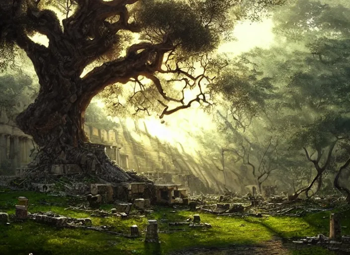 Prompt: oak tree growing in the ruins of an ancient city, many scrap cars, plastic waste, metal waste, ancient greek ruins, rubble, gray dull background, vibrant colorful green leaves, hyperrealistic, highly detailed, cinematic, single ray of golden sunlight, beautiful, cgssociety, artstation, oil painting by greg rutkowski, by artgerm, by wlop