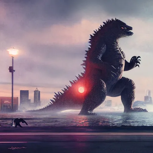 Prompt: people running towards the camera, running from godzilla, chillwave, electronic billboards, tech noir, wet reflections, atmospheric, ambient, livia prima, greg rutkowski, edward hopper, pj crook