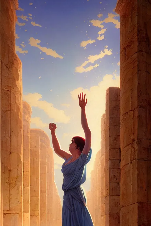 Image similar to high detail portrait, screaming woman wearing ancient greek yellow paper tunic, hands in air, stephen bliss, fantasy art by greg rutkowski, rhads, ferdinand knab, makoto shinkai and lois van baarle, ilya kuvshinov, rossdraws, tom bagshaw, global illumination, radiant light, ancient greek temple ruins, red and blue color theme