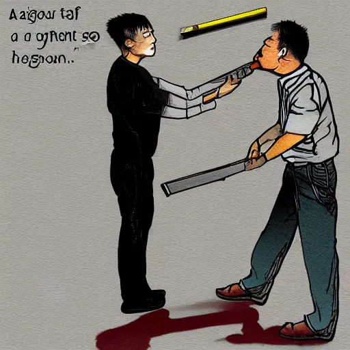 Prompt: A very arrogant Asian man let a man point a shotgun at himself.digital art.