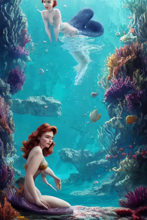 Image similar to Emilia Clarke as the little mermaid underwater by Gil Elvgren Stanley Artgerm Lau, WLOP, James Jean, Andrei Riabovitchev, Marc Simonetti, Yoshitaka Amano, ArtStation, CGSociety, hair floating covering chest, bubbles vfx, cinematic lighting, god ray, starlit shining eyes