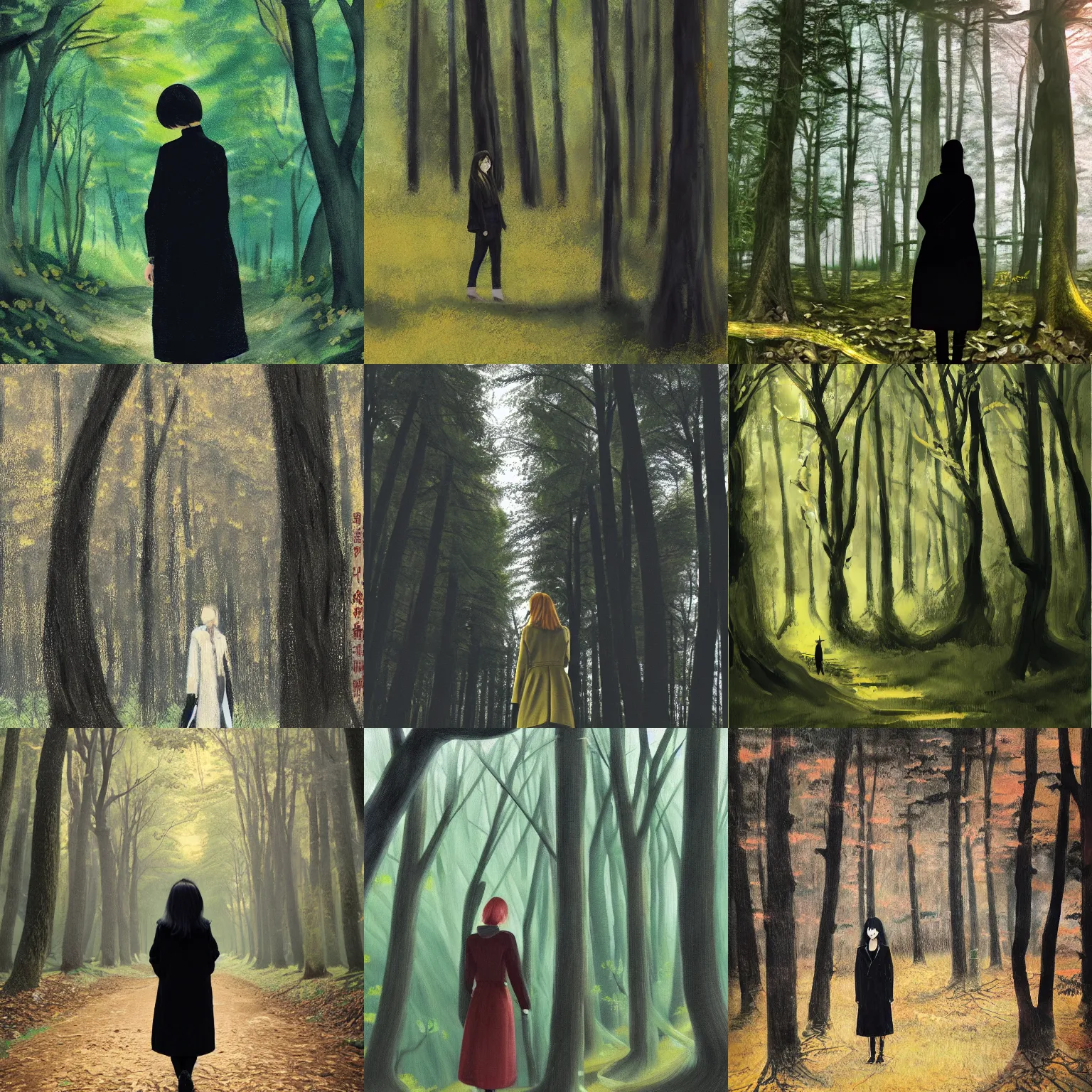 Prompt: a woman standing in a forest, black coat, art by mingchen shen