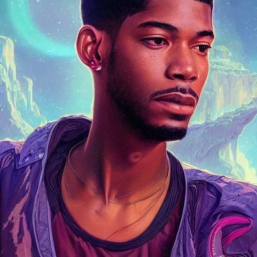 Prompt: scifi character portrait of Kid Cudi, utopian mood, intricate, wild, highly detailed, digital painting, artstation, concept art, smooth, sharp focus, illustration, art by artgerm and greg rutkowski and alphonse mucha