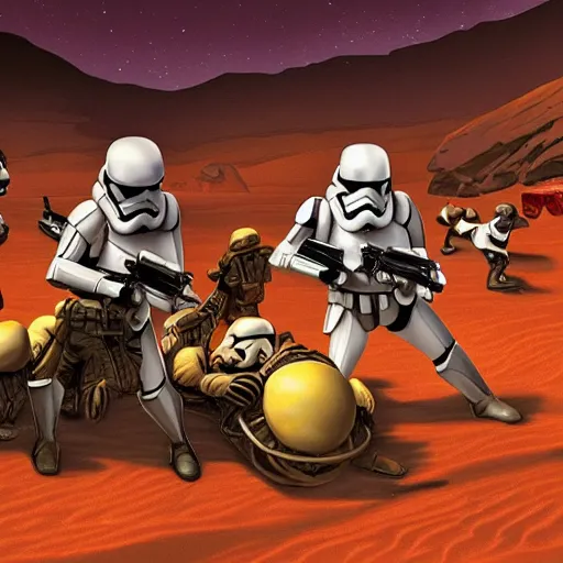 Image similar to star wars troopers fighting donkey kong on the mars