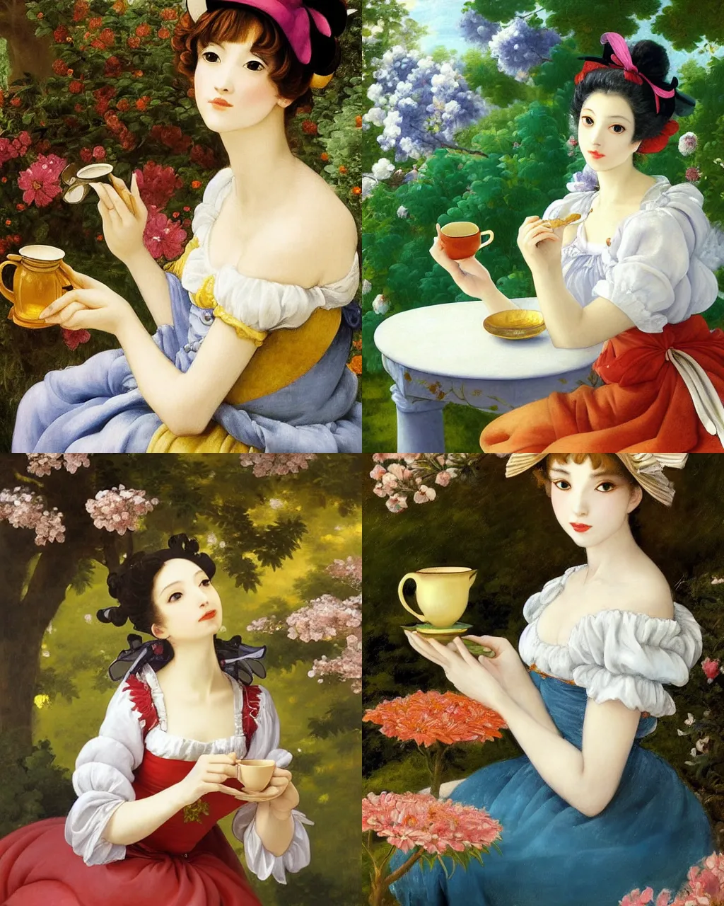 Prompt: oil painting of elegantly dressed touhou character drinking tea in a dreamy garden, beautiful symmetrical face and body, rule of thirds, golden ratio, oil on canvas, highly detailed, warm color scheme art rendition, soft lighting, sharp focus, unique art rendition by adelaide labille - guiard, artemisia gentileschi