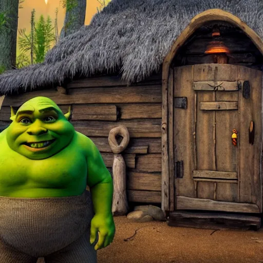 Image similar to Joe Rogan as shrek in front of hut in the swamp, cinematic lighting, masterpiece, trending on artstation, 4k