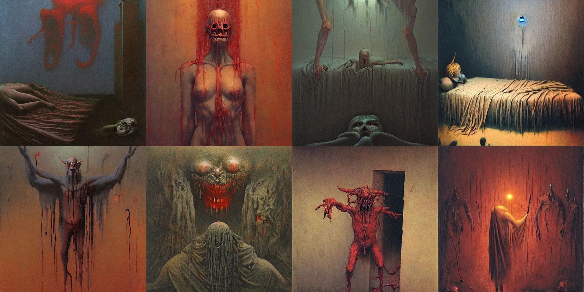 Prompt: terrifying demons at the end of my bed as i sleep, artwork by Beksiński