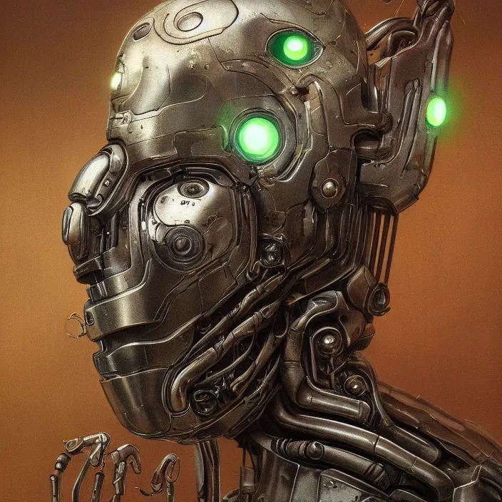 Image similar to h. r. giger esque portrait of a friendly, happy, emerald ultron from age of ultron, fresh of the production line, washed, clean, shiny, clockwork steampunk, head and chest only, by beksinski, 4 k, deviantart, trending on artstation