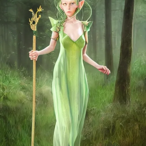 Image similar to a realistic portrait of a realistic female elf with a long withe and light green dress holding a scepter walking in the woods , perfect and hyperrealistic ultra detailed face, by WLOP