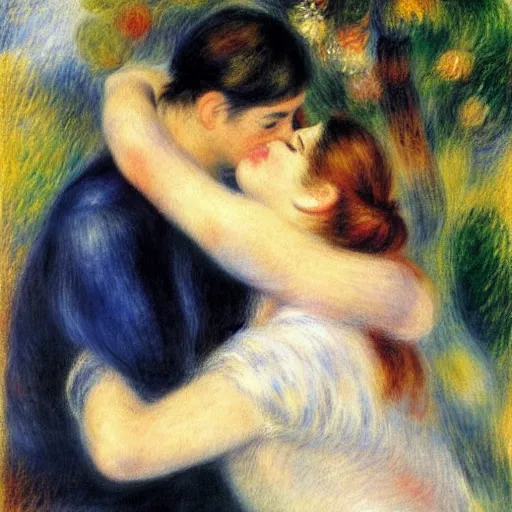 Prompt: art by renoir, man kissing man, people wearing clothes