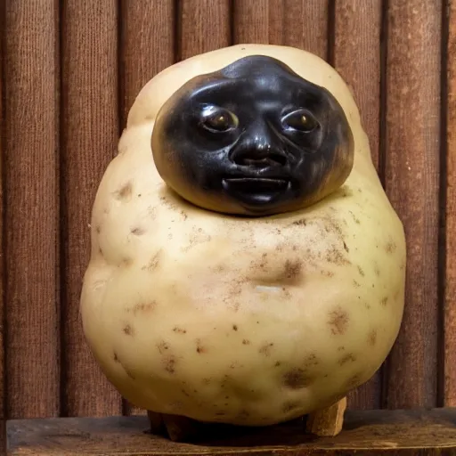 Prompt: a taxidermized potato with a human face, in a museum, 8 5 mm lens, 7 0 mm entrance pupil diameter