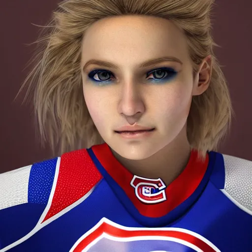 Prompt: hyperrealistic detailed portrait of a supermodel female ice hockey player, Habs Jersey, futuristic fantasy, D&D year 2070, blonde hair, gold details, red blue white colorway, soft features, elegant, artstationHD, cgsociety, 8k, intricate details, tarot card, cinematic, vibrant