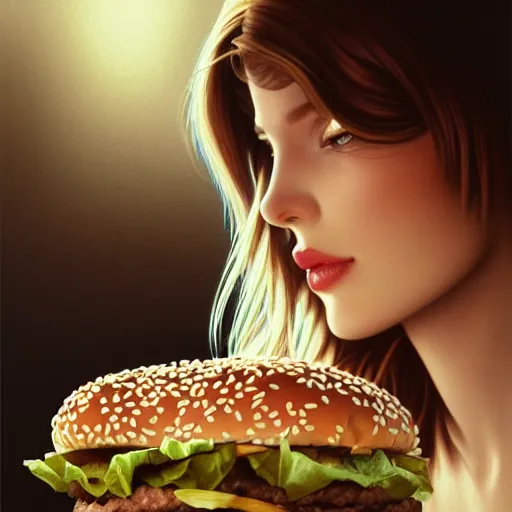 Image similar to portrait of Carly Simon eating big mac hamburgers, extra onions and ketchup, hyperdetails, displacement mapped octane render, luscious patty with sesame seeds, ethereal, handsome, D&D, fantasy, intricate, elegant, highly detailed, digital painting, artstation, concept art, matte, sharp focus, illustration, art by Artgerm and Greg Rutkowski and Alphonse Mucha