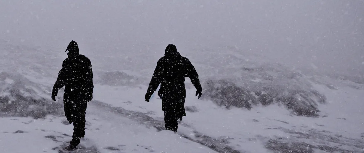 Image similar to a high quality color closeup hd 4 k film 3 5 mm photograph of very heavy snow blizzard in desolate antarctica, the faint barely visible silhouette of a bulky man is inside the blizzard