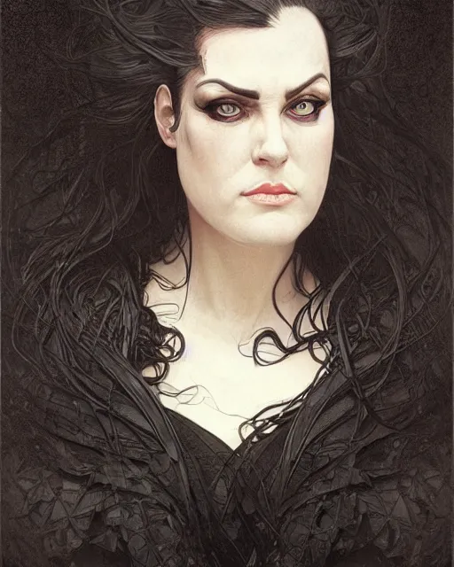 Prompt: portrait of evil a tall 4 0 - year - old woman with thin lips, heavy - lidded eyes, a strong jaw and long, thick shining black hair, thick eyebrows and long eyelashes, wearing in black clothes, hyper realistic face, beautiful eyes, fantasy art, in the style of greg rutkowski, intricate, alphonse mucha, hyper detailed, smooth