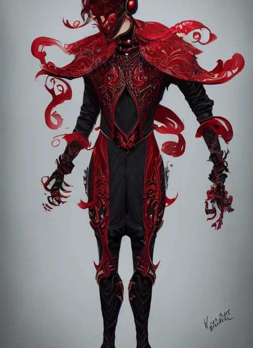 Image similar to a highly detailed illustration of short wavy haired man wearing masquerade and red and black suit, dramatic standing pose, intricate, elegant, highly detailed, centered, digital painting, artstation, concept art, smooth, sharp focus, league of legends concept art, wlop