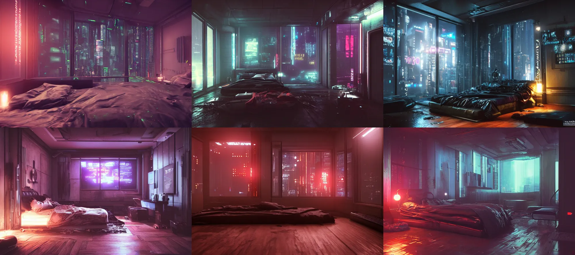 Prompt: cyberpunk bedroom at night, rainy atmosphere, dramatic, cinematic, artstation, realistic photograph, ambient, dark shades of colors, unreal engine 5, rendered by octane.