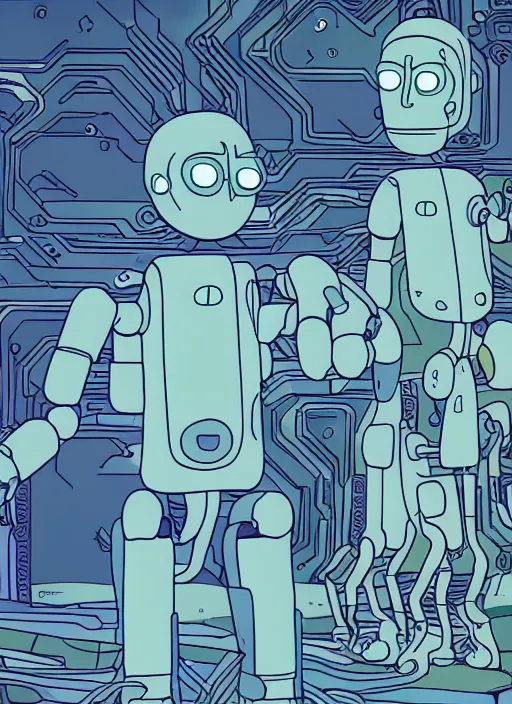 Prompt: an artificial intelligence in a robot short circuiting why studying how human hands look, rick and morty art style illustration, location is a robot factory