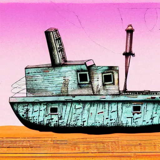 Image similar to ultra precise, asymmetric fineliner drawing of an abandoned ship in the aral sea desert, three colour ink marker pen on rainbow spattered glossy paper. bold lines, gallery quality, photorealistic, very detailed, 8 k