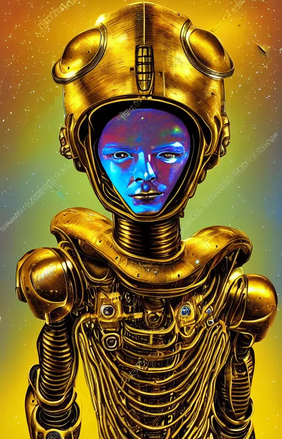 Image similar to portrait of a robot humanoid alien with golden armature and medieval helmet. Galactic iridescent background in the style of Tim white and moebius