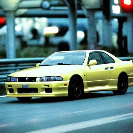 Prompt: nissan skyline r 3 3 rides on tokyo highway, night, high traffic, photograph from 1 9 9 9 year