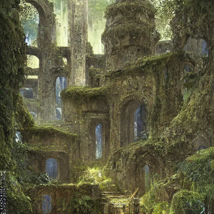 Prompt: ancient overgrown! ruins, medieval gates, runestones, mysetrious etherial mesmerizing runic!!, eyes, magical elven geometry, concept art by gustav klimt!, deviantart contest winner, environmental art, high detail, greg rutkowski