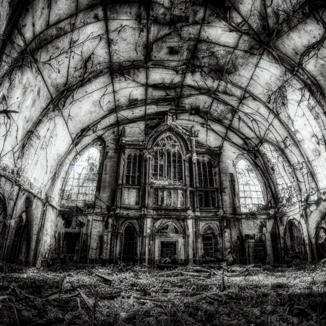 Image similar to abandoned cathedral with overgrown vegetation, vintage infrared photograph