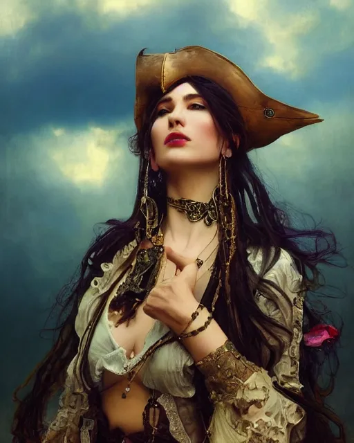 Image similar to a beautiful close up portrait of a pirate sitting with elegant looks, leather clothing, ornate costume and flowing magic all around, intricate and soft by ruan jia, tom bagshaw, alphonse mucha, krenz cushart, beautiful pirate ruins in the background, epic sky, vray render, artstation, deviantart, pinterest, 5 0 0 px models