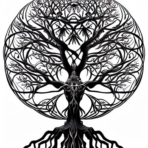 Prompt: a highly detailed tattoo outline of the tree of life shaped like a woman with arms raised, by roger dean and andrew ferez, art forms of nature by ernst haeckel, divine chaos engine, symbolist, visionary, art nouveau, organic fractal structures, surreality, detailed, realistic, ultrasharp