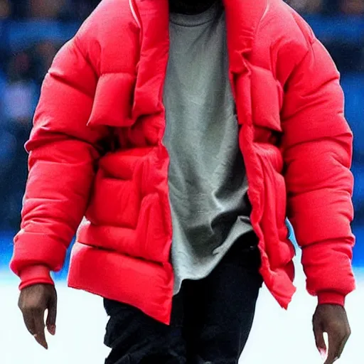 Image similar to kanye west wearing a red puffer jacket and red pants, standing in a stadium