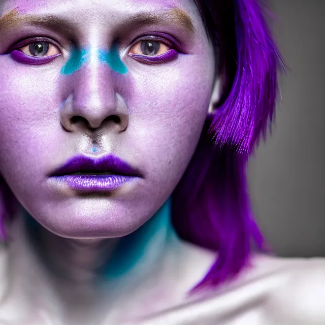 Image similar to woman with purple and teal skin, highly detailed, 8 k, hdr, smooth, sharp focus, high resolution, award - winning photo