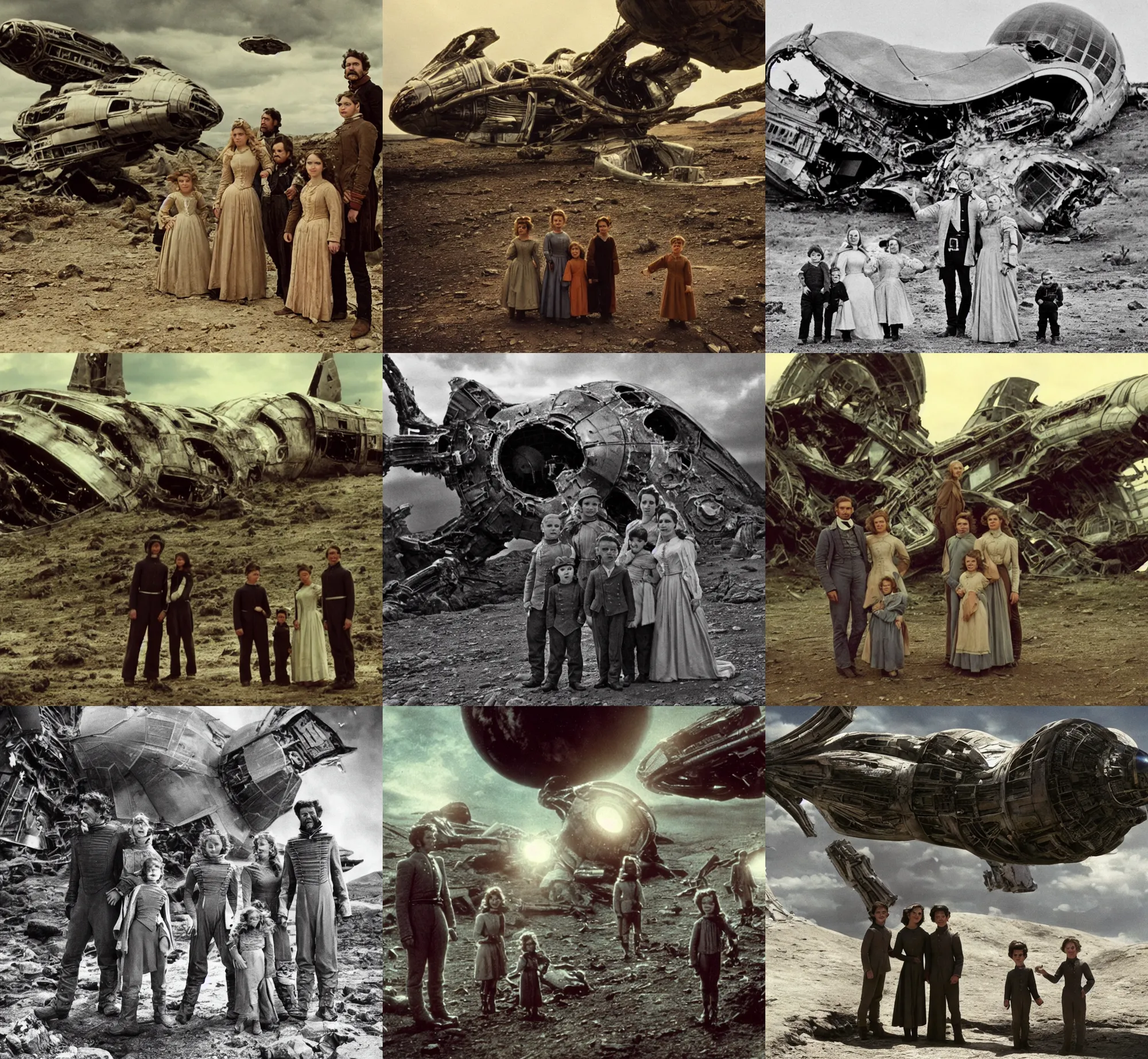 Prompt: extremely sharply detailed, scan from blockbuster 9 6 k sci fi color movie freeze frame, set 1 8 6 0, family standing in front of crashed spaceship, on alien planet, looking happy, wearing 1 8 5 0 s era clothes, atmospheric lighting, in focus, reflective eyes, 9 9 9 9 9 mm lens, live action, nice composition and photography, clear facial details