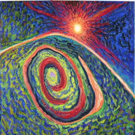 Image similar to by armand guillaumin, by michael heizer chaotic in the jungle. a beautiful mixed mediart of a black hole consuming a star.