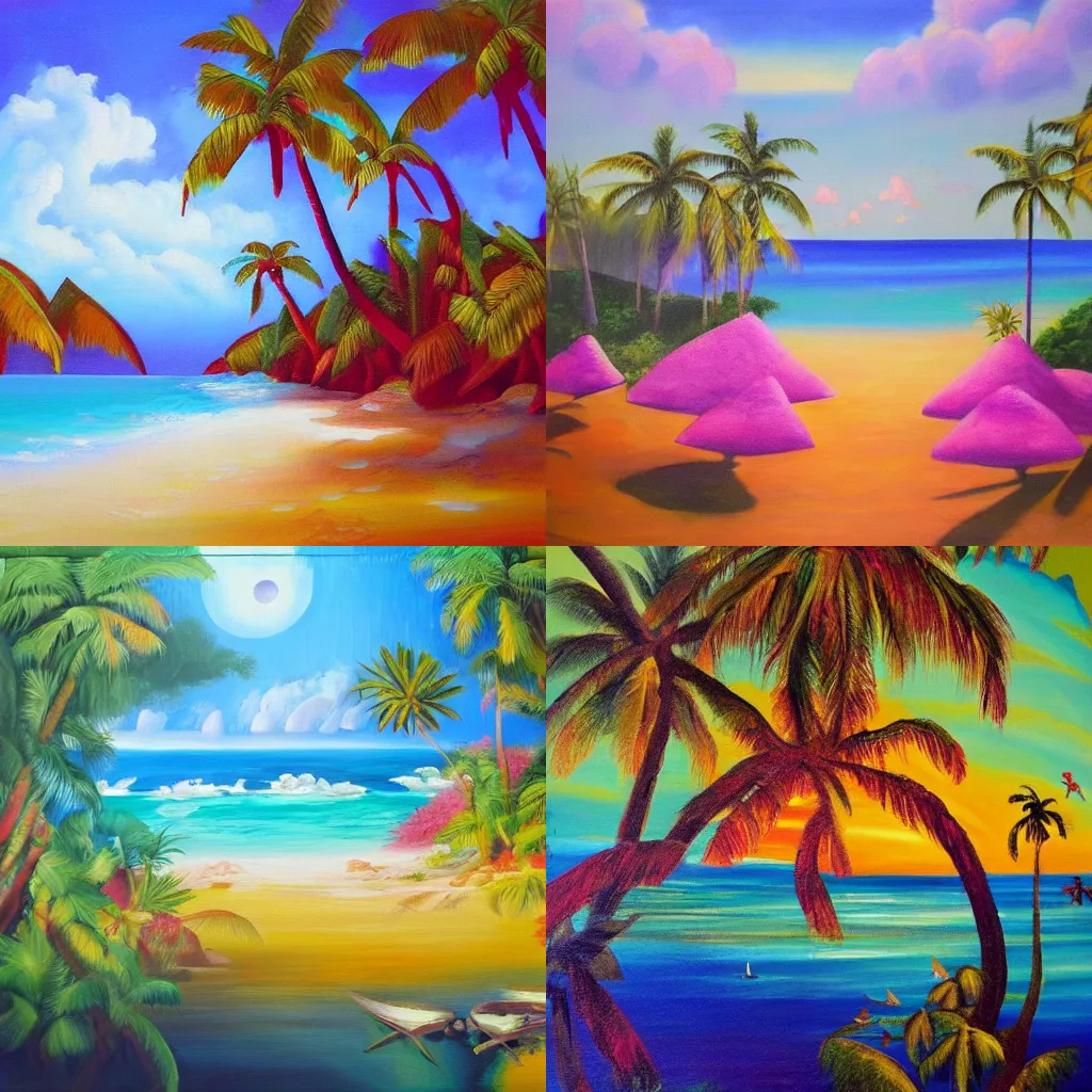Prompt: tropical island, oil on canvas, very beautiful masterpiece by a very talented artist, award-winning, mysterious, dreamy, poetic, nostalgic