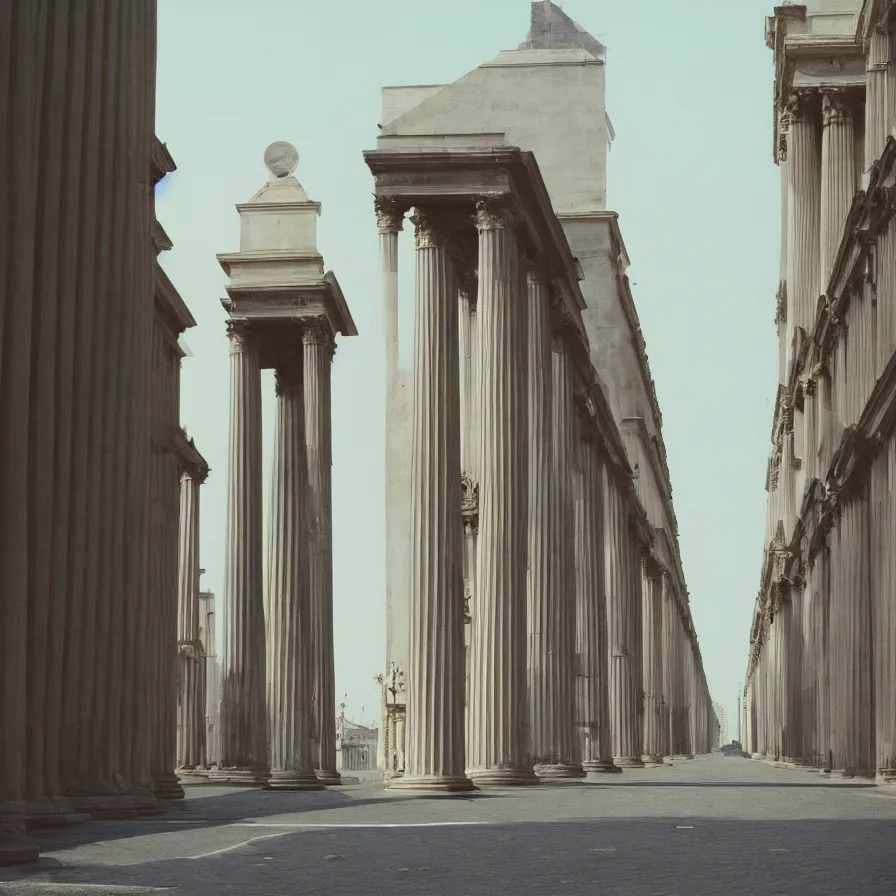 Prompt: an empty boulevard with huge neoclassical pyramid with columns, by etienne - louis boullee, cinestill 8 0 0 t technicolor, heavy grain, high quality, high detailed