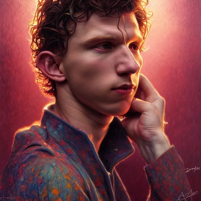 Image similar to psychedelic rainfall Tom Holland, diffuse lighting, fantasy, intricate, elegant, highly detailed, lifelike, photorealistic, digital painting, artstation, illustration, concept art, smooth, sharp focus, art by John Collier and Albert Aublet and Krenz Cushart and Artem Demura and Alphonse Mucha