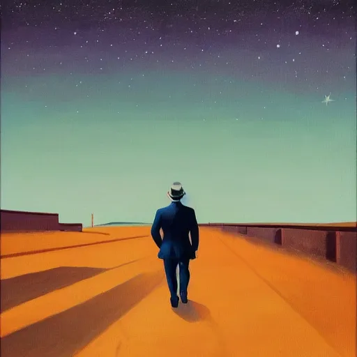 Image similar to a painting of a man walking down a lonely street on another planet and the sky is covered in stars, the head of the man is a skull, he is wearing a suit, in the style of edward hopper, 4 k,