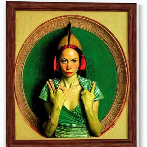 Image similar to frontal portrait of an avocado priestess, by norman rockwell