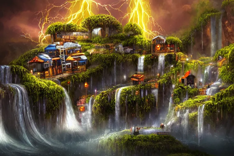 Image similar to waterfall favela honeybee hive, mission environment, lightning, industrial factory, award winning art, epic dreamlike fantasy landscape, ultra realistic,