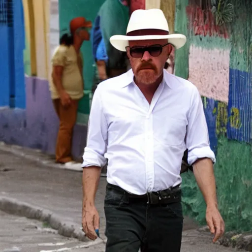 Prompt: heisenberg from breaking bad walking on a colombian street