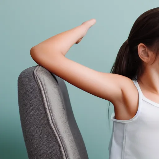 Prompt: girl with elbow on a desk and hands draging back hair on the head sitting on a chair