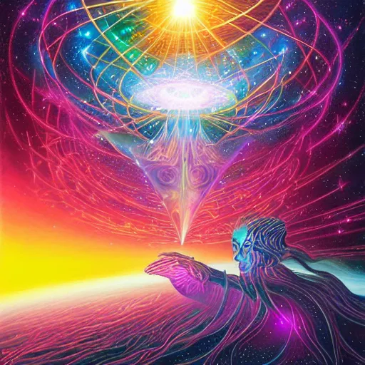 Image similar to digital painting detailed cryptographic cosmic convergence within a crystal nexus, magical psionic projections, painted by Michael Whelan and dan mumford