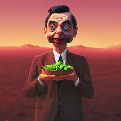 Image similar to A stunning portrait of Mr Bean eating geant vegetable, by Simon Stalenhag, Trending on Artstation, 8K