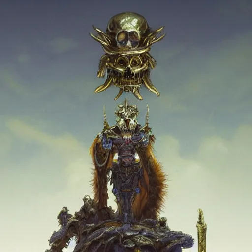 Image similar to anthropomorphic shiba inu, gold armor, standing on pile of skulls, graveyard full of bones and skulls, stuning fantasy 3 d render, masterpiece, glowing dark aura, by donato giancola and greg rutkowski and wayne barlow and zdzisław beksinski, realistic face